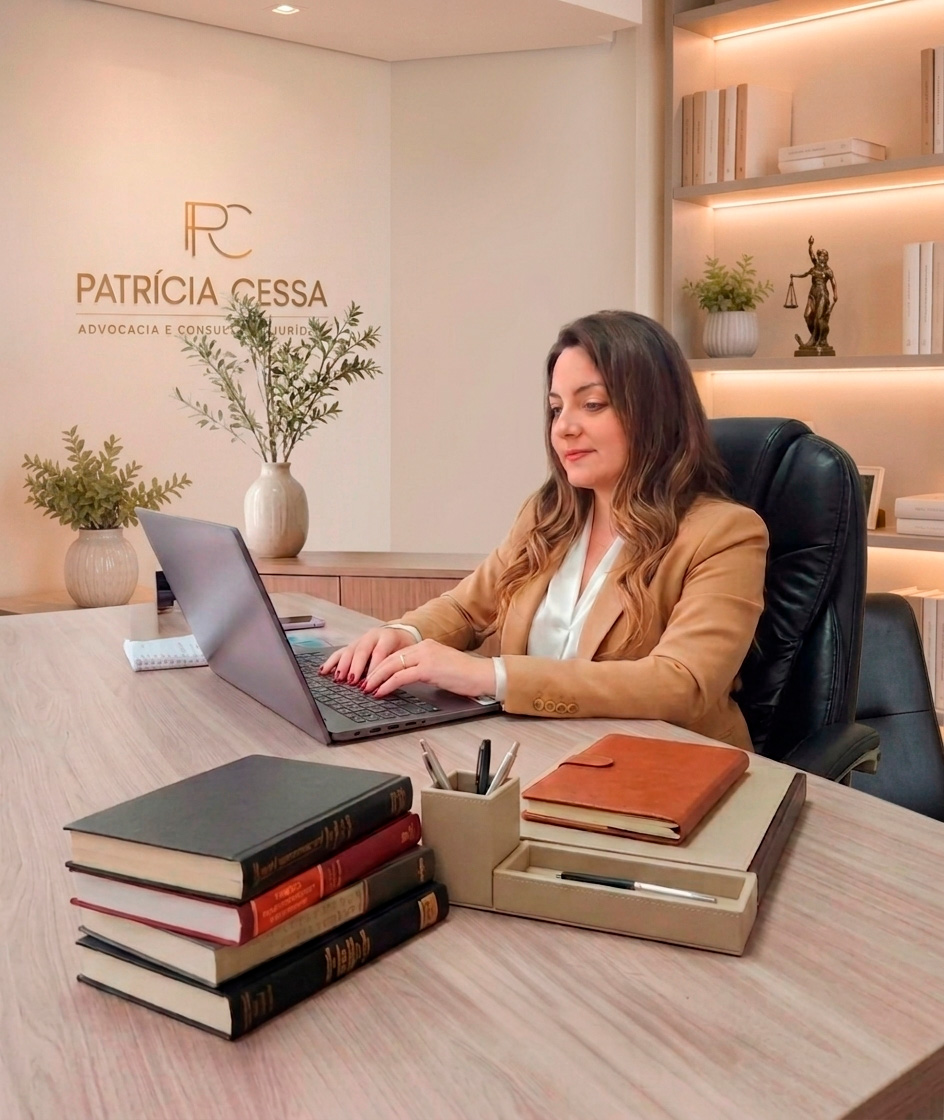 Advogada Patrícia Cessa analisando documentos em seu escritório de advocacia, especializada em Direito Médico, Direito da Saúde e ações contra planos de saúde.